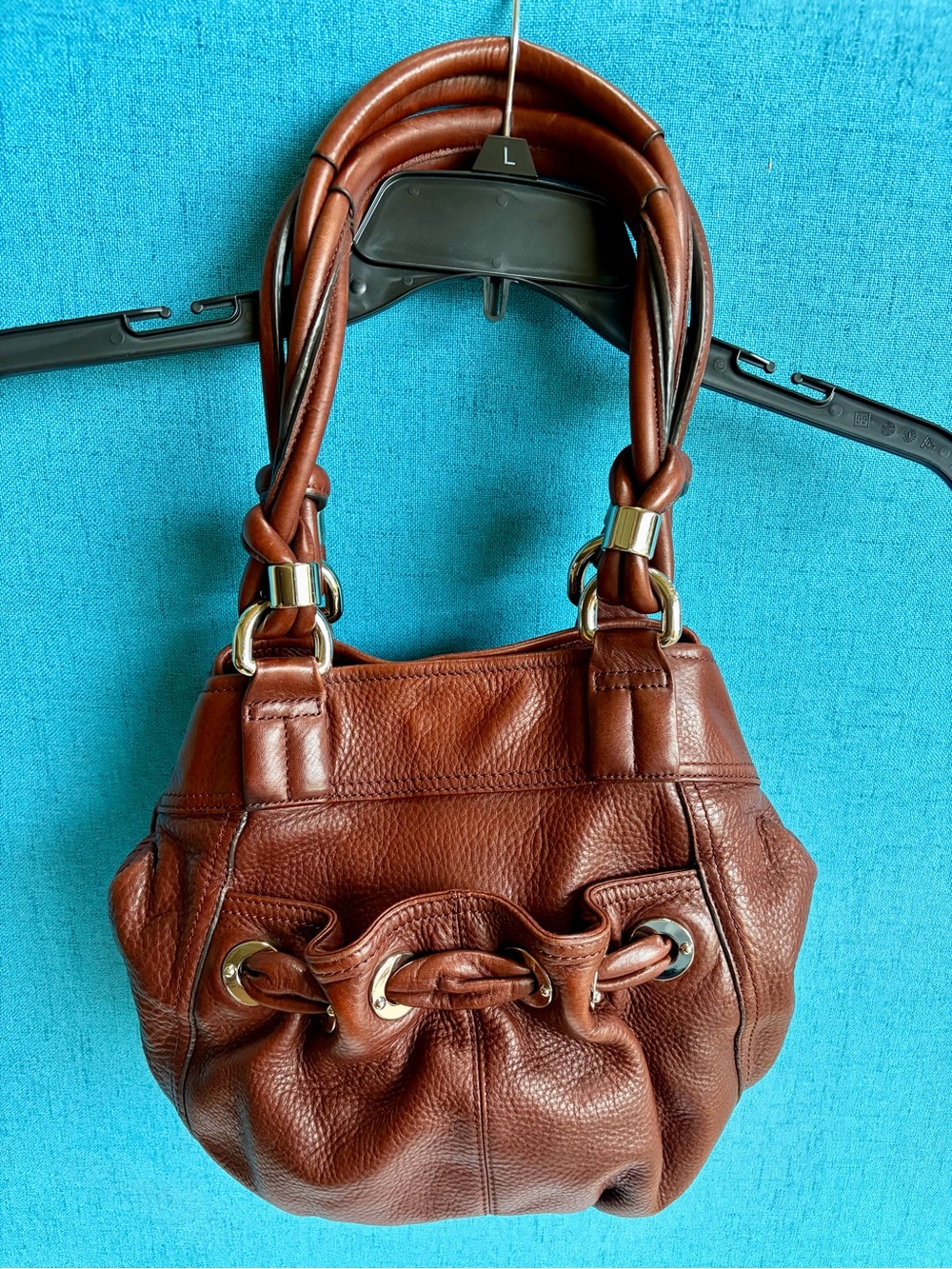 b. makowsky Chestnut Brown Pebbled Leather Drawstring Shoulder Bag